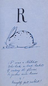 ナンセンスアルファベット-R、1860（リネン付きの青い紙にペンとインク） 作： Edward Lear